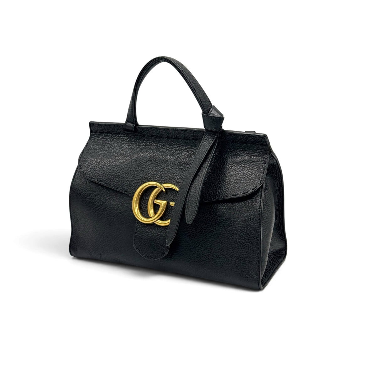 Borsa a mano Borse Vintage Gucci Marmont in pelle nera granulata con logo GG dorato e manico superiore rigido