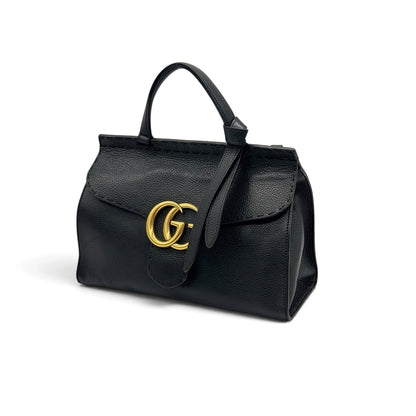 Borsa a mano Borse Vintage Gucci Marmont in pelle nera granulata con logo GG dorato e manico superiore rigido