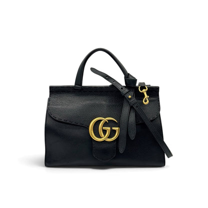 Borsa a mano Borse Vintage Gucci Marmont in pelle nera granulata con logo GG dorato e tracolla rimovibile