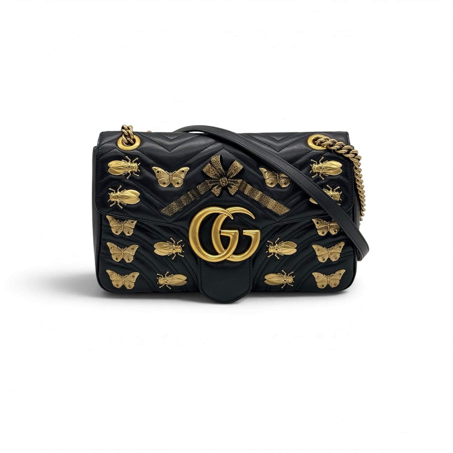Borsa a tracolla Borse Vintage Gucci Marmont in pelle nera matelassé con applicazioni dorate a forma di api e farfalle