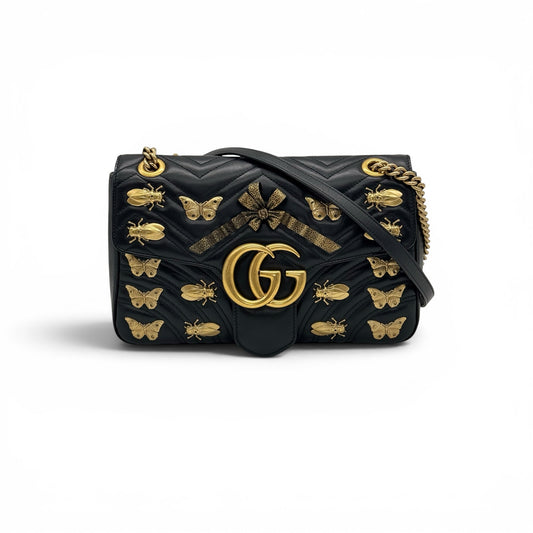 Borsa a tracolla Borse Vintage Gucci Marmont in pelle nera matelassé con applicazioni dorate a forma di api e farfalle