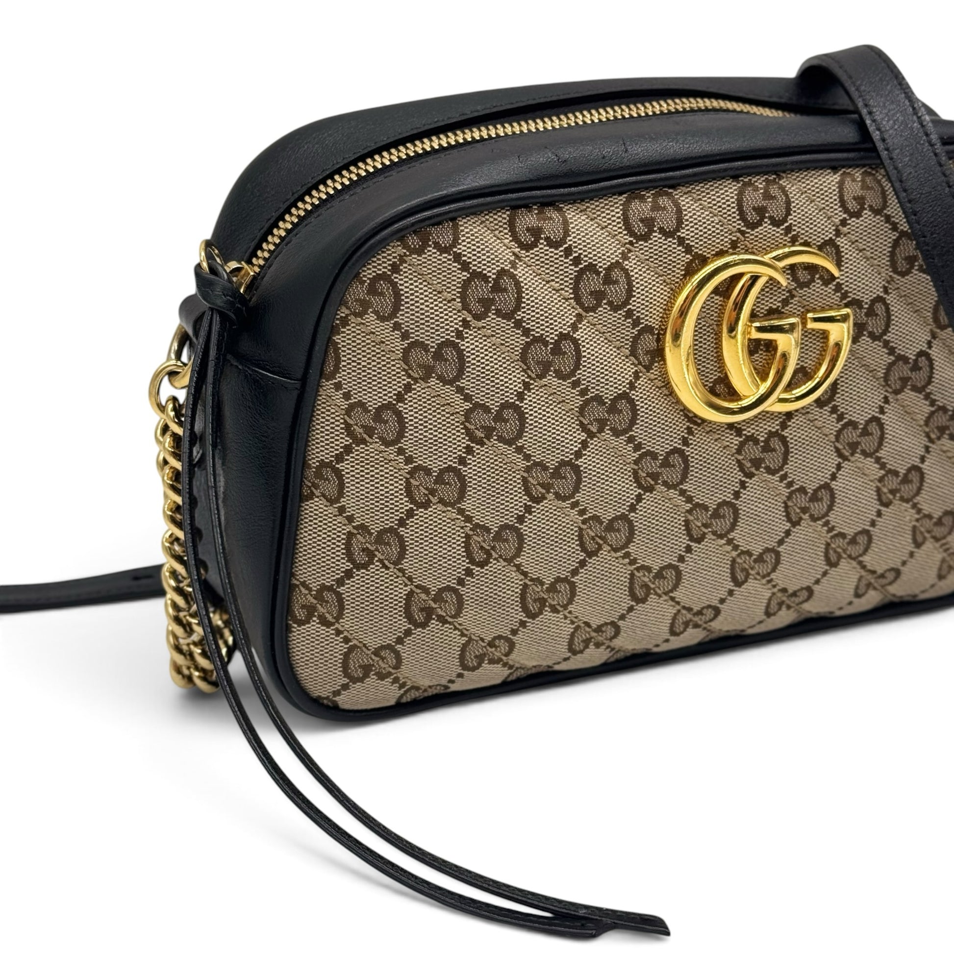 Borsa a tracolla Borse Vintage Gucci Marmont in tela GG Supreme beige e pelle nera con logo GG dorato