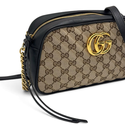 Borsa a tracolla Borse Vintage Gucci Marmont in tela GG Supreme beige e pelle nera con logo GG dorato