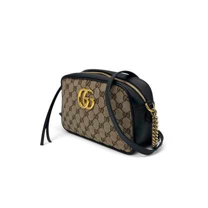 Borsa a tracolla Borse Vintage Gucci Marmont in tela GG Supreme beige e pelle nera con logo GG dorato