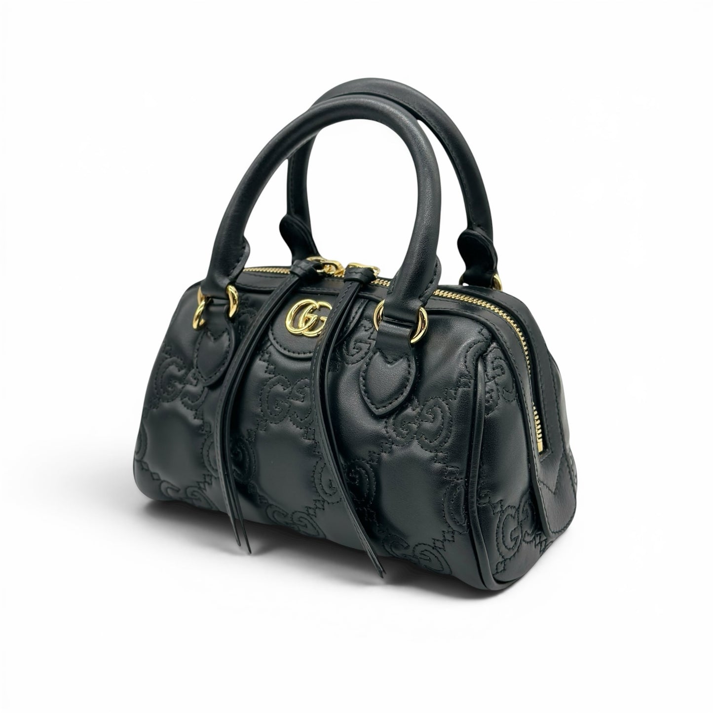 Borsa a mano Borse Vintage Gucci GG Matelassé in pelle nera con logo dorato e lavorazione trapuntata geometrica