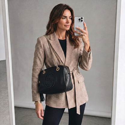 Donna con borsa a spalla Borse Vintage Gucci nera in pelle martellata con logo GG e tracolla a catena dorata