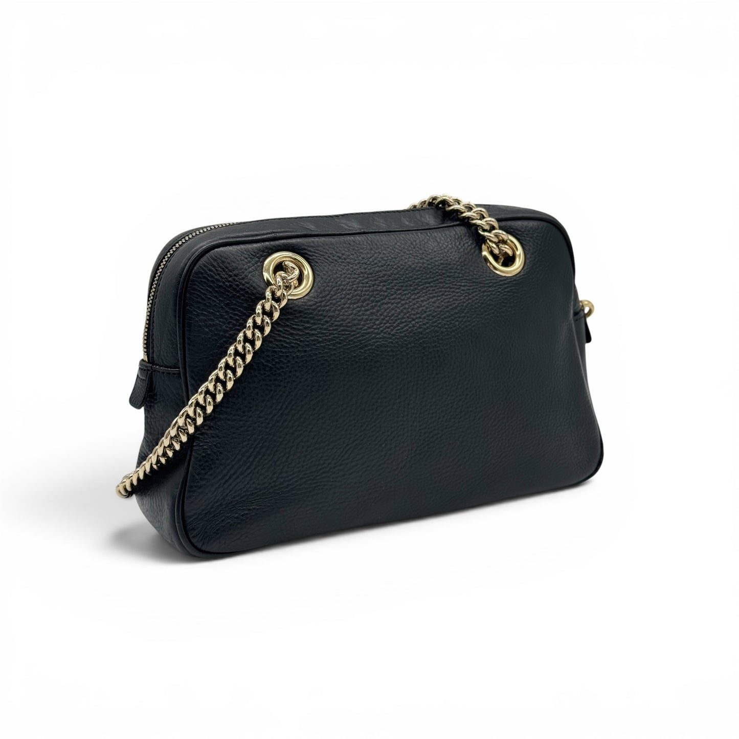 Borsa a spalla Borse Vintage Gucci in pelle nera martellata con tracolla a catena color oro e chiusura a zip