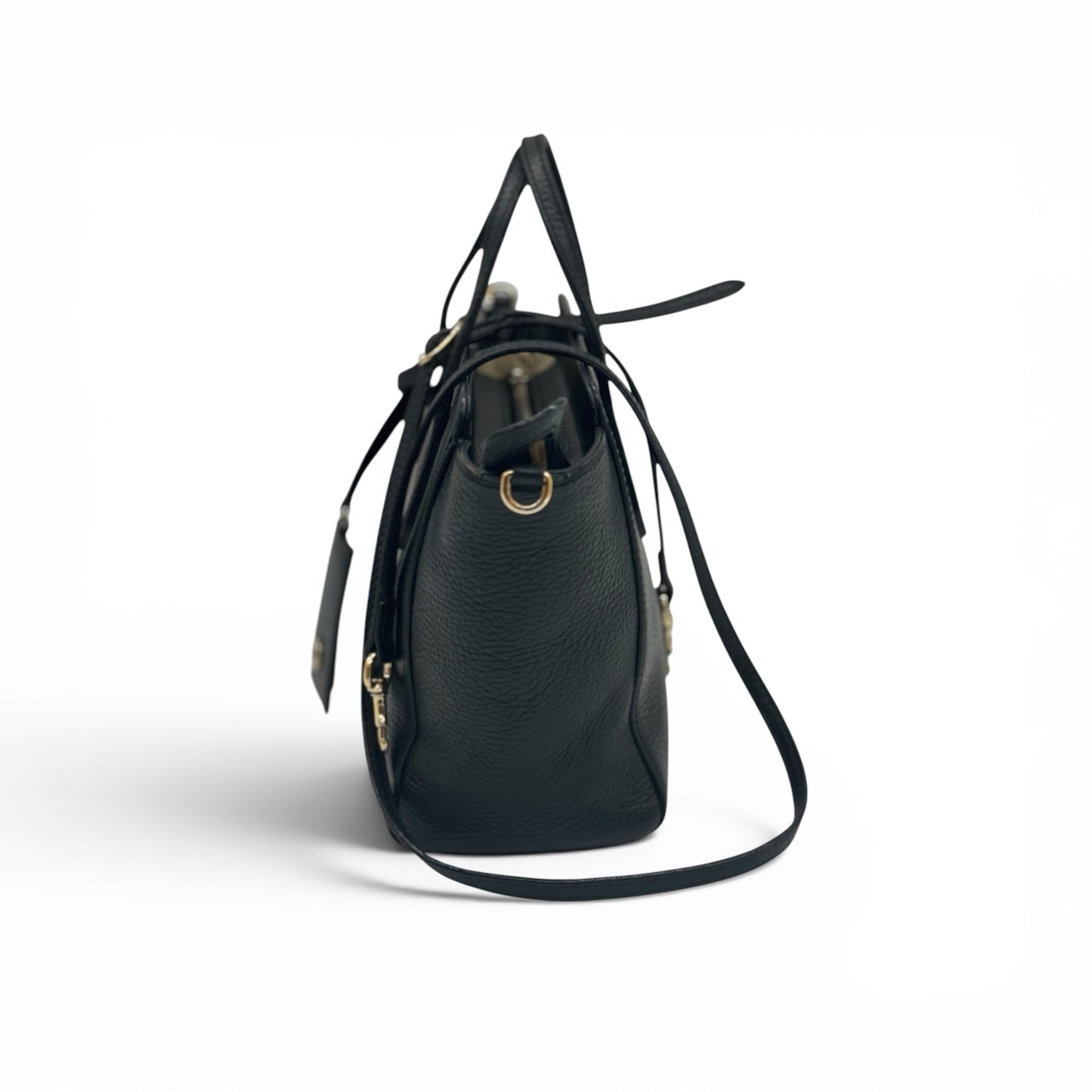 Borsa a mano Borse Vintage Gucci in pelle nera martellata con dettagli dorati e tracolla, vista laterale.