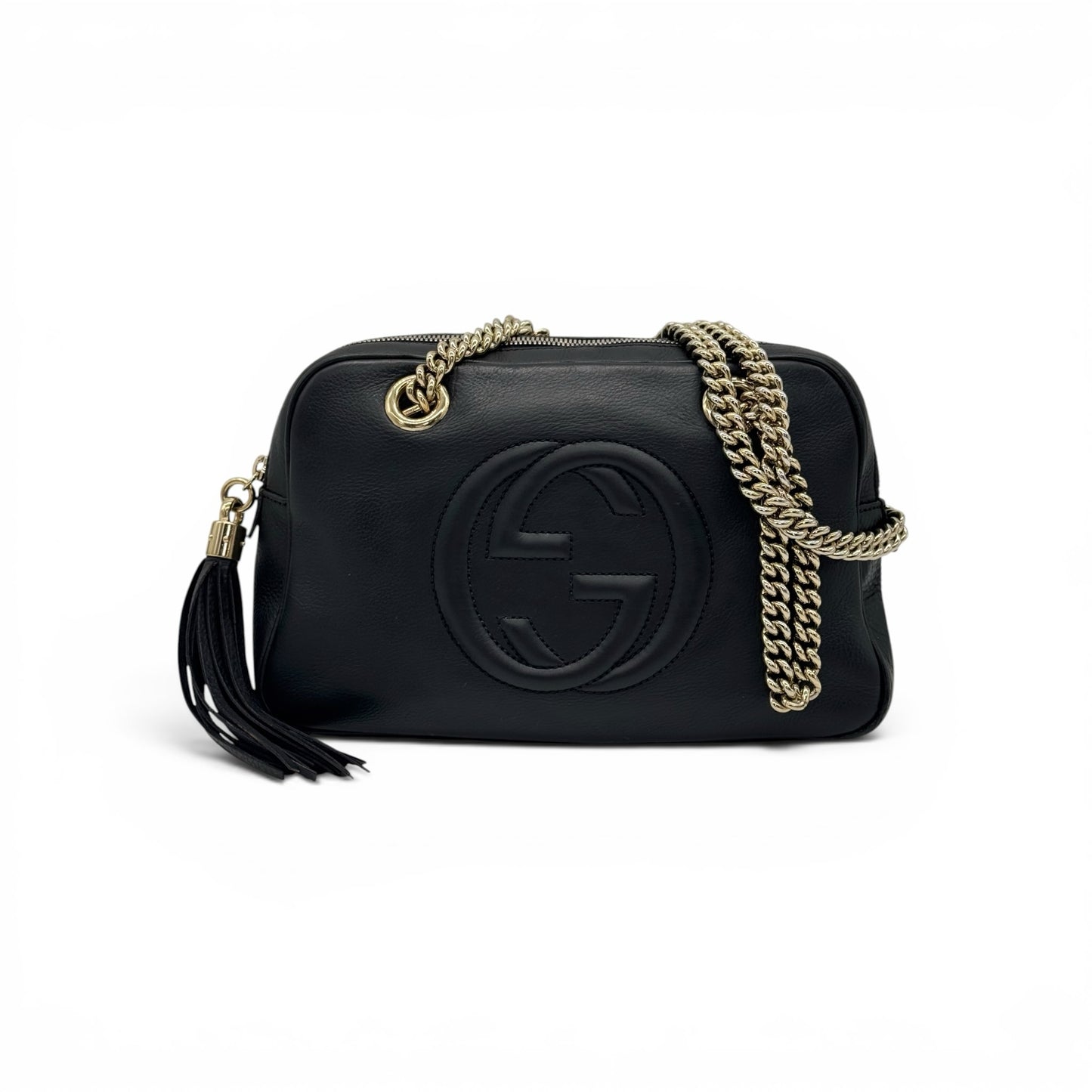 Borsa a spalla Borse Vintage Gucci in pelle nera martellata con logo GG, tracolla a catena oro e nappina decorativa