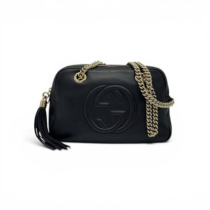 Borsa a spalla Borse Vintage Gucci in pelle nera martellata con logo GG, tracolla a catena oro e nappina decorativa