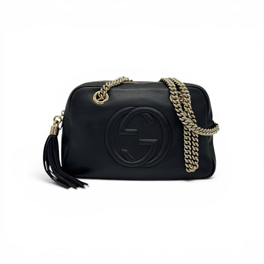 Borsa a spalla Borse Vintage Gucci in pelle nera martellata con logo GG, tracolla a catena oro e nappina decorativa
