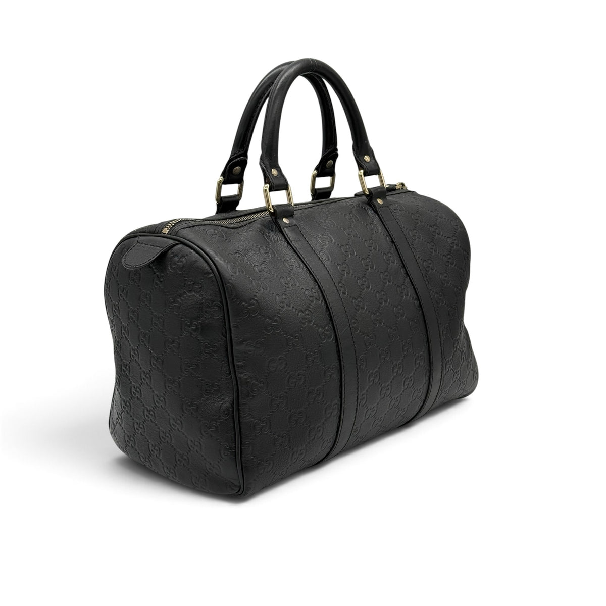 Borsa a mano Borse Vintage Gucci in pelle nera con logo GG impresso, design Boston e dettagli in metallo dorato