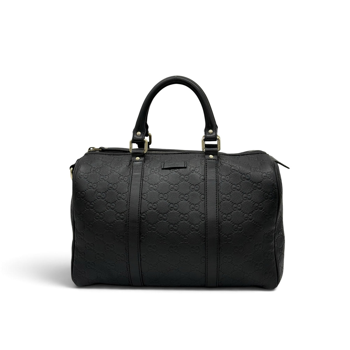 Borsa a mano Borse Vintage Gucci in pelle nera con motivo GG impresso, dettagli dorati e manici superiori strutturati