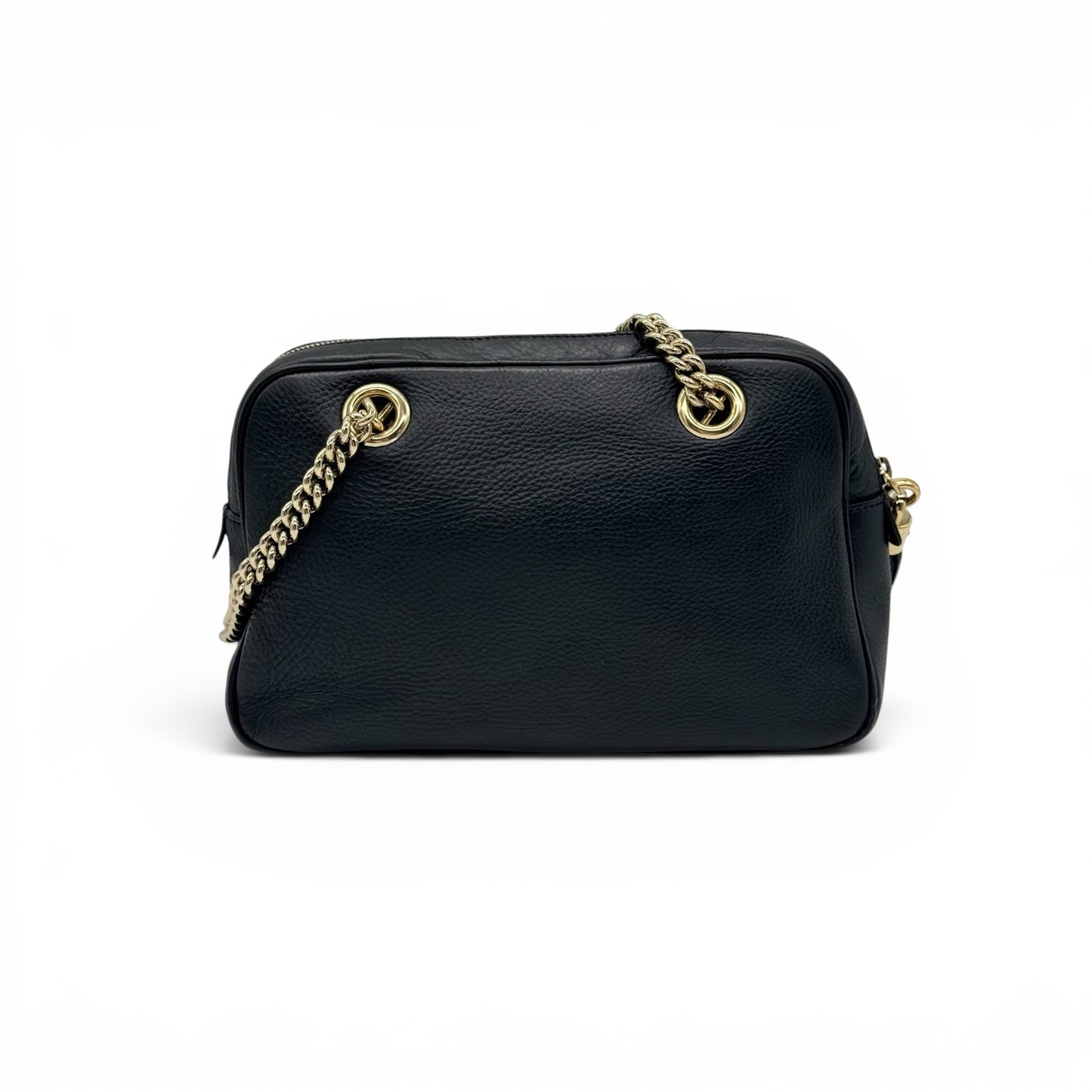 Borsa a spalla Borse Vintage Gucci in pelle nera martellata con tracolla a catena dorata e logo GG impresso