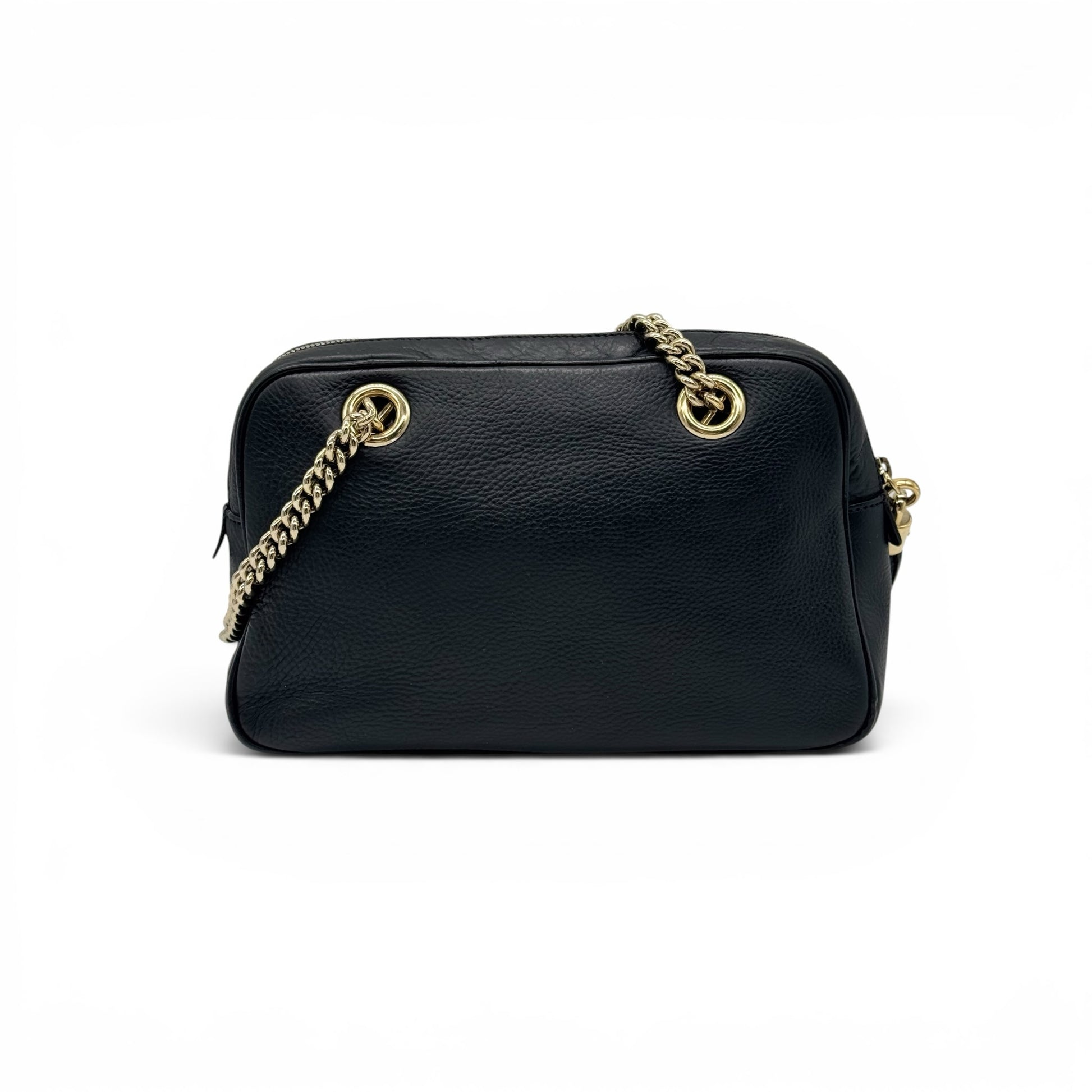 Borsa a spalla Borse Vintage Gucci in pelle nera martellata con tracolla a catena dorata e logo GG impresso