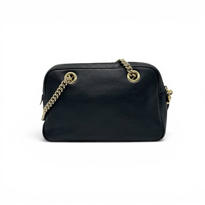 Borsa a spalla Borse Vintage Gucci in pelle nera martellata con tracolla a catena dorata e logo GG impresso