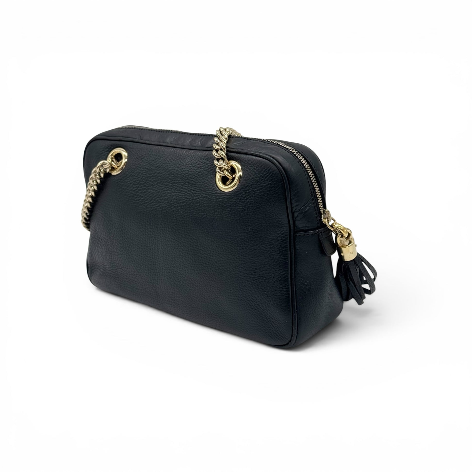 Borsa a spalla Borse Vintage Gucci in pelle nera martellata con tracolla a catena dorata e nappina laterale