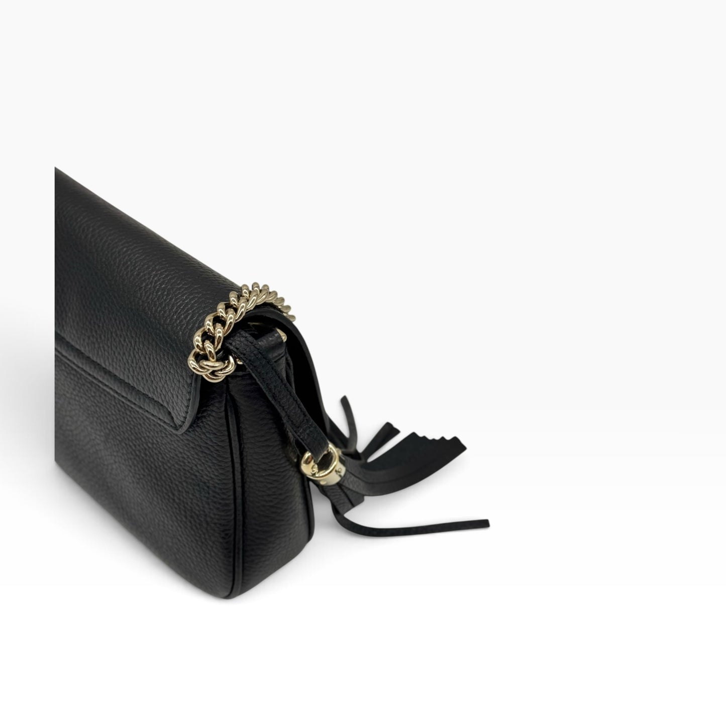 Borsa a tracolla Borse Vintage Gucci Soho in pelle martellata nera con nappa decorativa e catena dorata