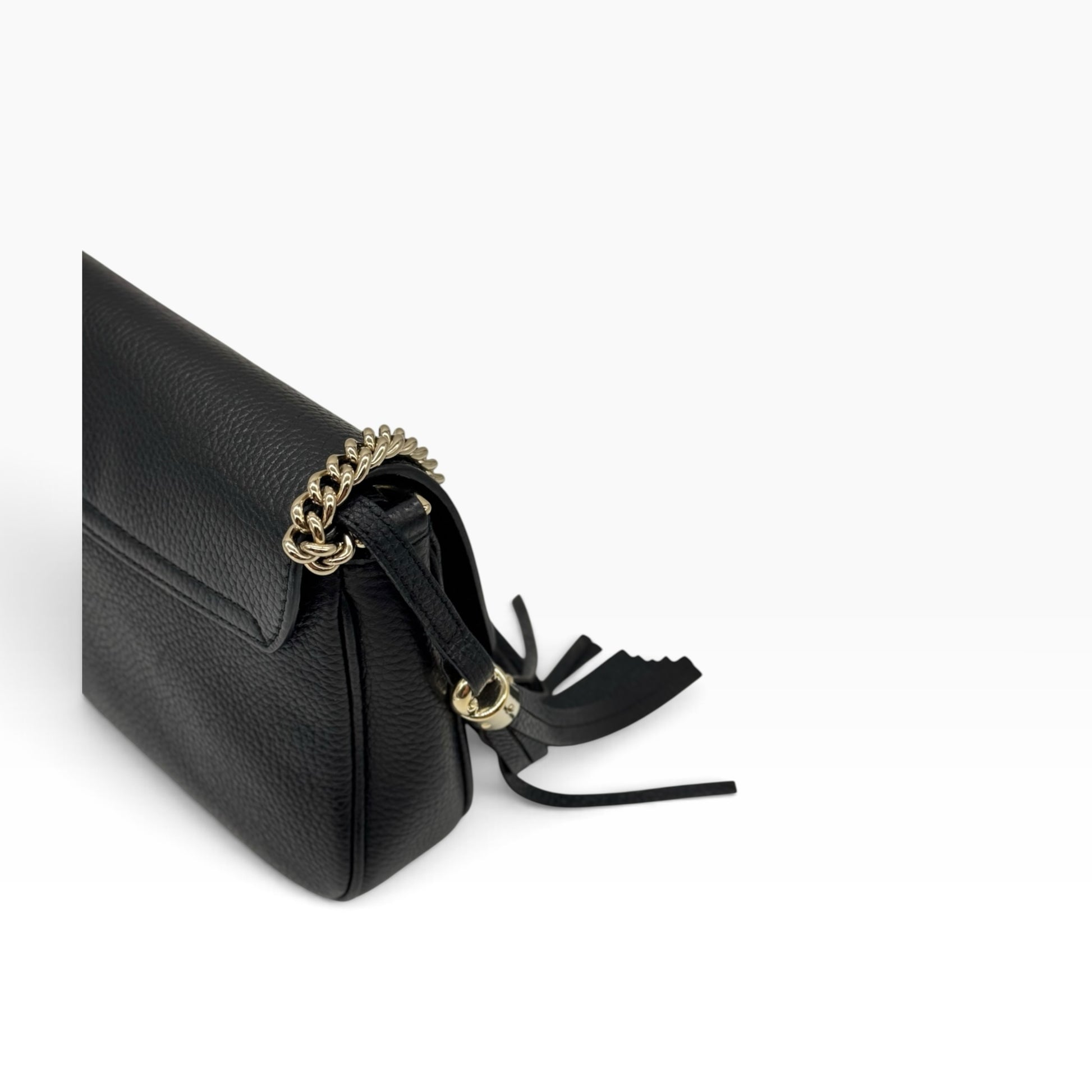Borsa a tracolla Borse Vintage Gucci Soho in pelle martellata nera con nappa decorativa e catena dorata
