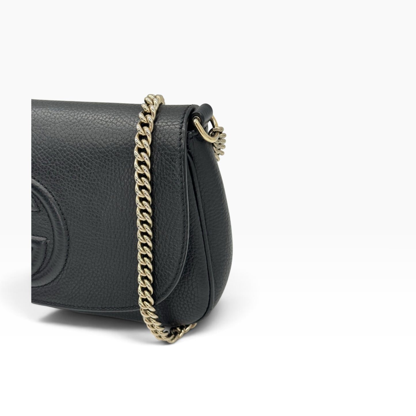 Borsa a tracolla Borse Vintage Gucci Soho in pelle martellata nera con logo in rilievo e tracolla a catena dorata
