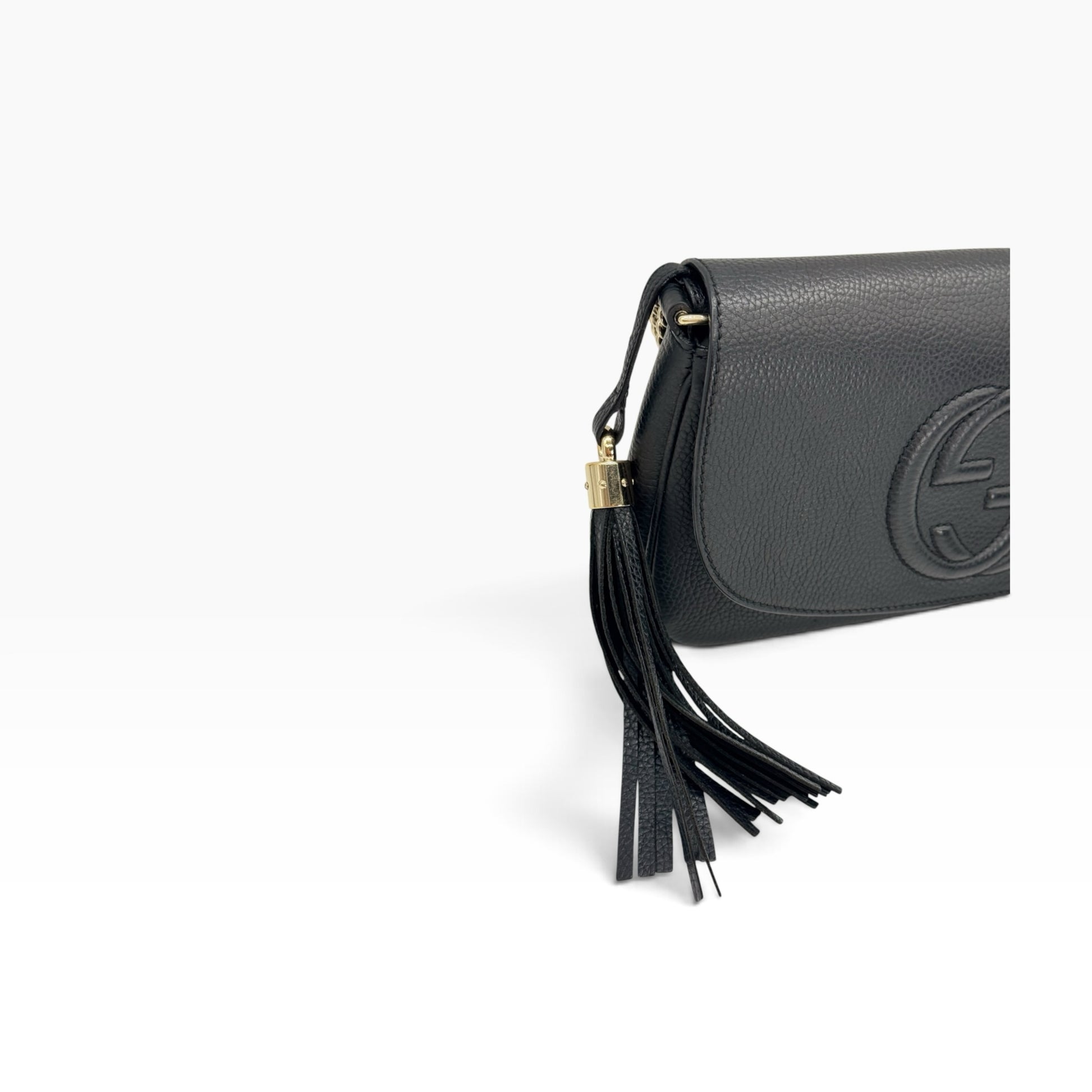 Borsa a tracolla Borse Vintage Gucci Soho in pelle martellata nera con logo in rilievo e nappa decorativa laterale