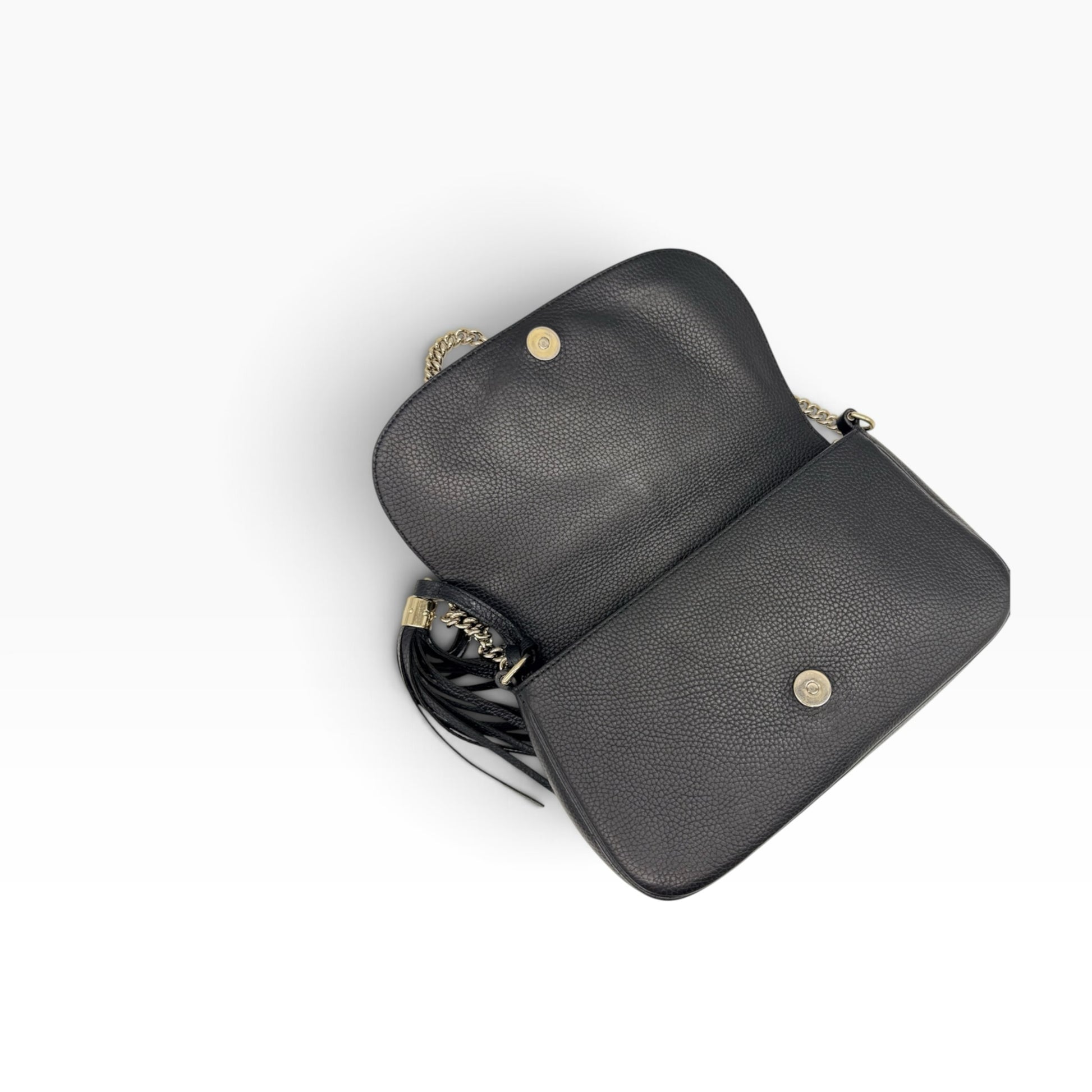 Borsa a tracolla Borse Vintage Gucci Soho in pelle martellata nera con logo in rilievo, nappa e catena dorata