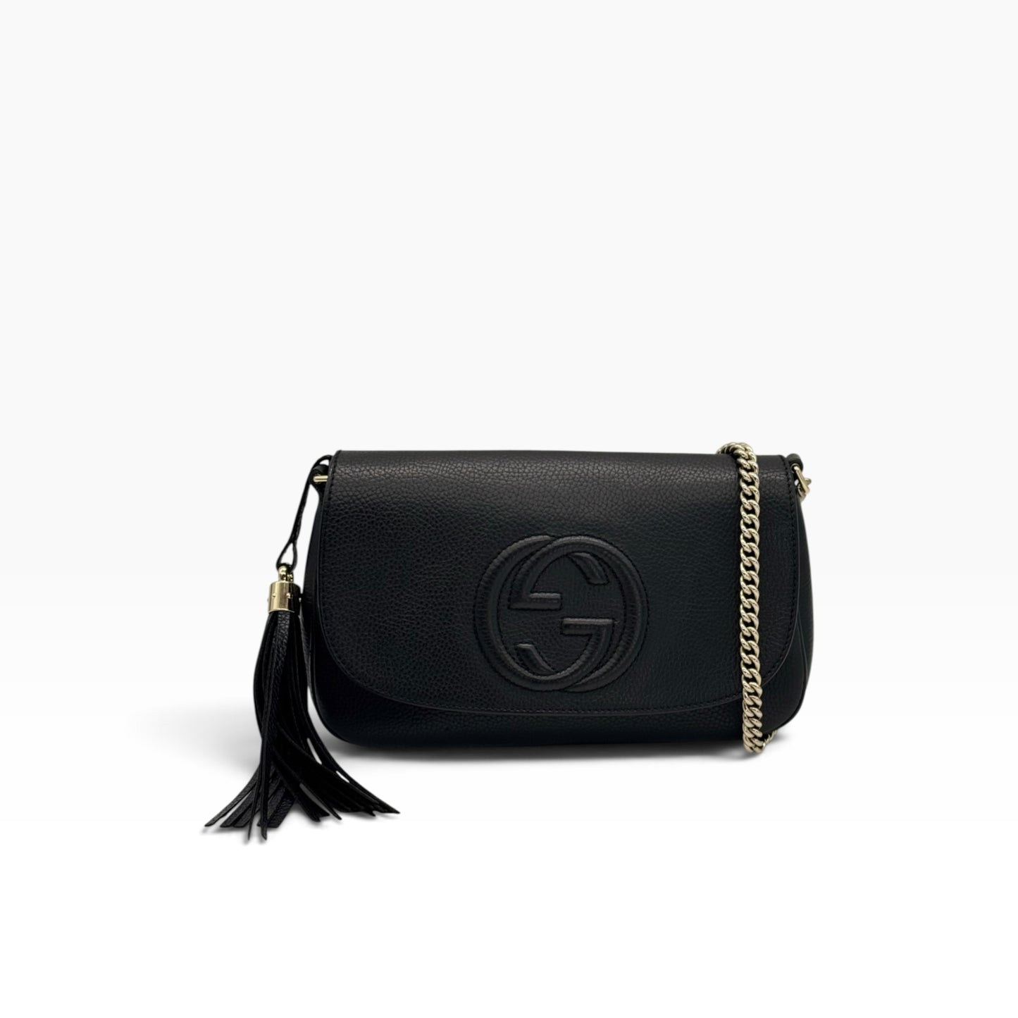 Borsa a tracolla Borse Vintage Gucci Soho in pelle martellata nera con logo in rilievo, nappa e catena dorata.