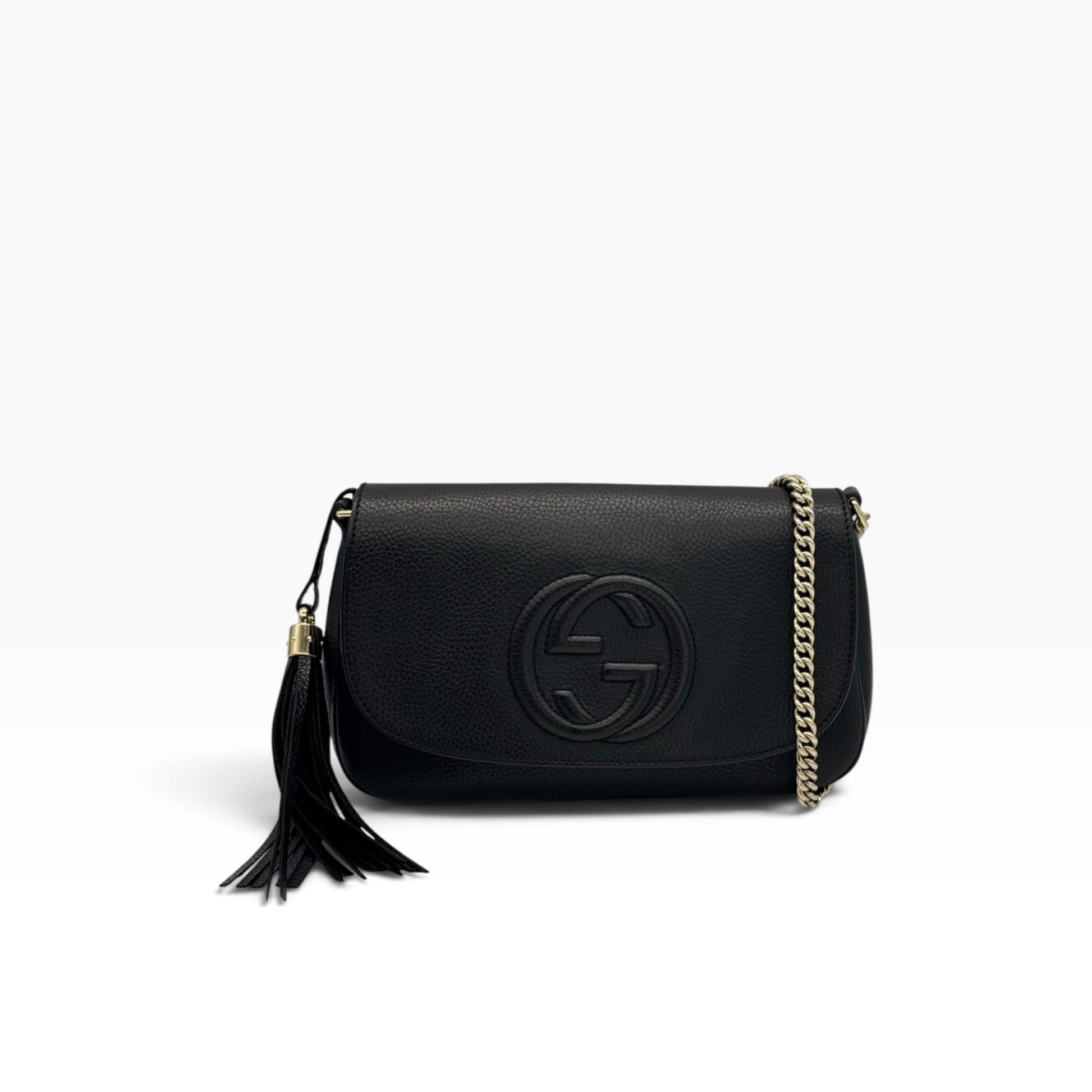 Borsa a tracolla Borse Vintage Gucci Soho in pelle martellata nera con logo in rilievo, nappa e catena dorata.