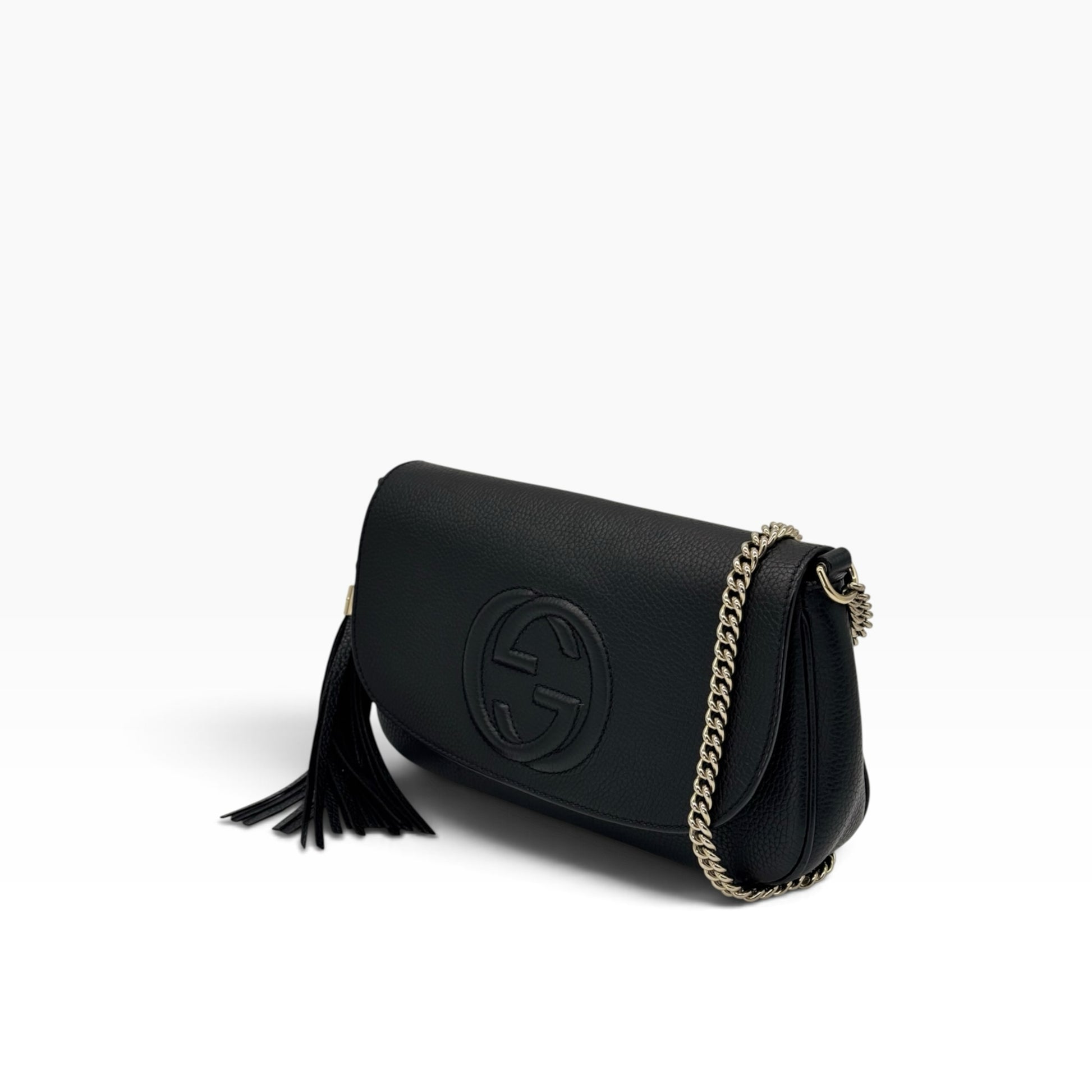 Borsa a tracolla Borse Vintage Gucci Soho in pelle martellata nera con logo in rilievo, nappa e tracolla a catena oro