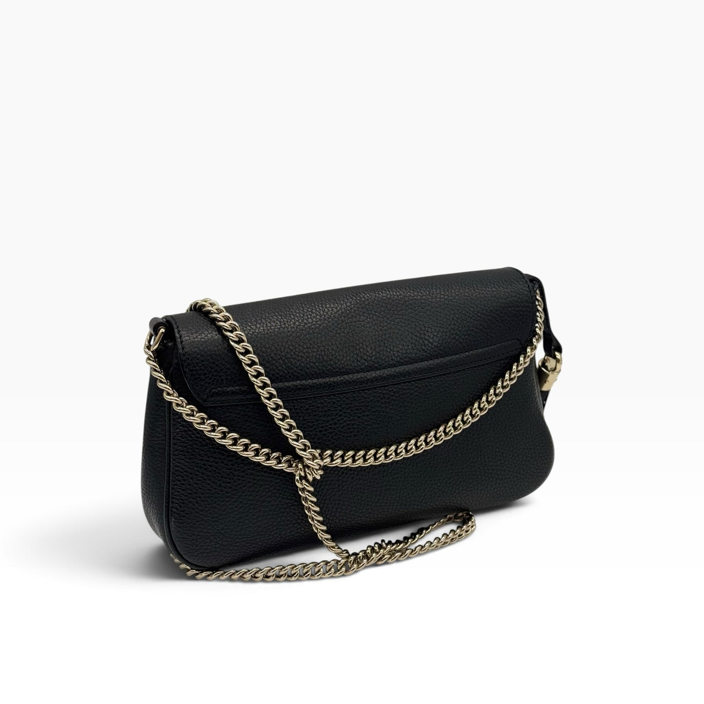 Borsa a tracolla Gucci Soho Borse Vintage in pelle martellata nera con tracolla a catena dorata, vista posteriore.