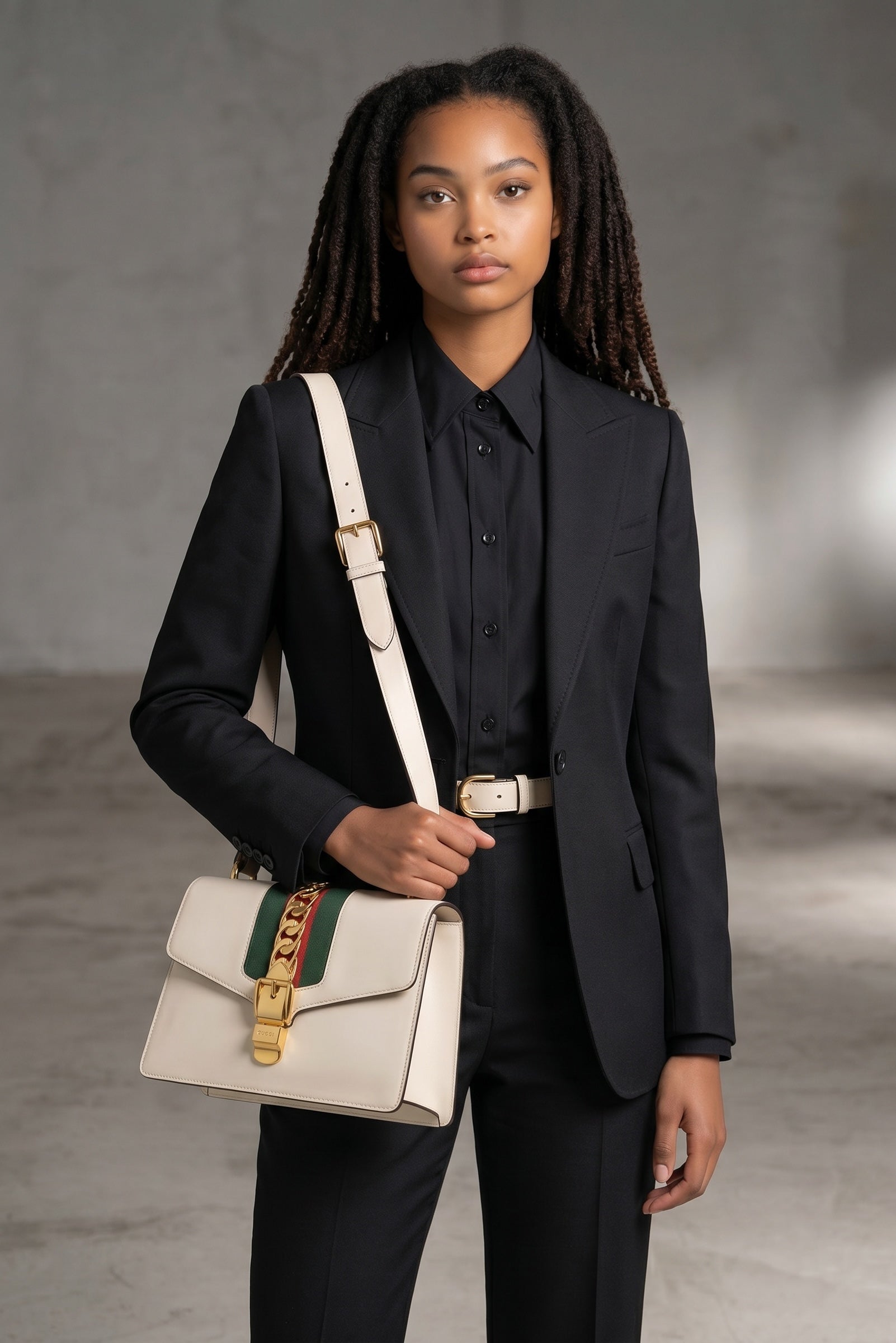 Modella indossa borsa a tracolla Gucci Sylvie bianca in pelle con nastro Web e catena dorata, Borse Vintage