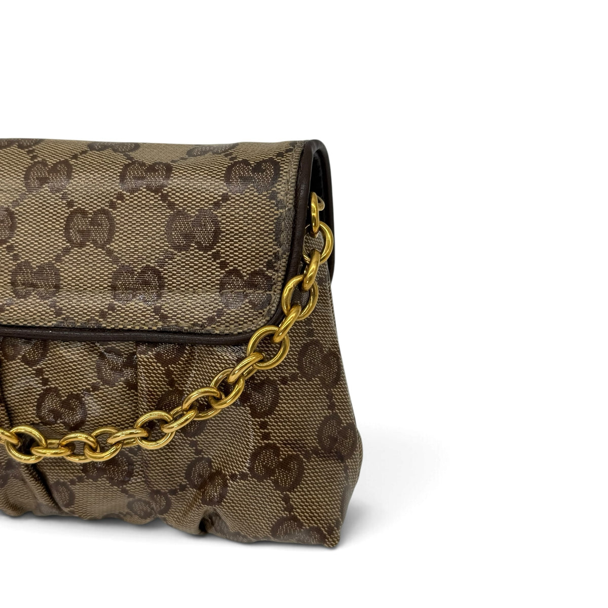Borsa a spalla Borse Vintage Gucci in tela GG marrone con dettagli arricciati e tracolla a catena dorata