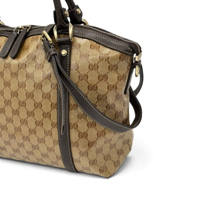 Borsa a spalla Borse Vintage Gucci in tela monogrammata beige con finiture e tracolla in pelle marrone scuro
