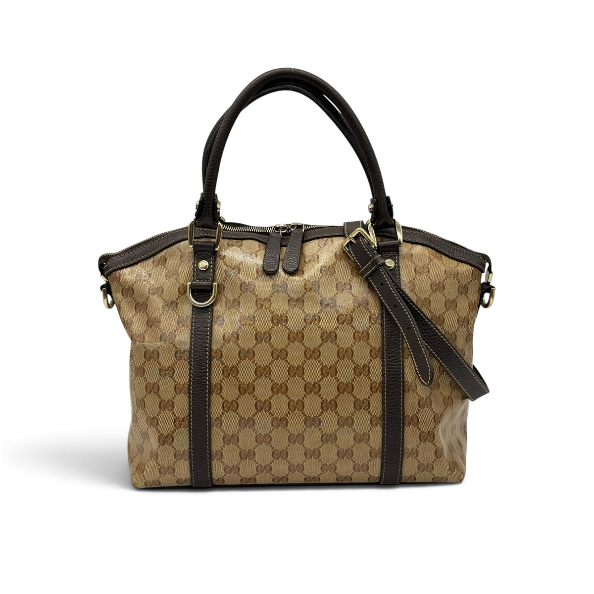Borsa a spalla Borse Vintage Gucci in tela monogrammata con finiture in pelle marrone e dettagli in metallo dorato