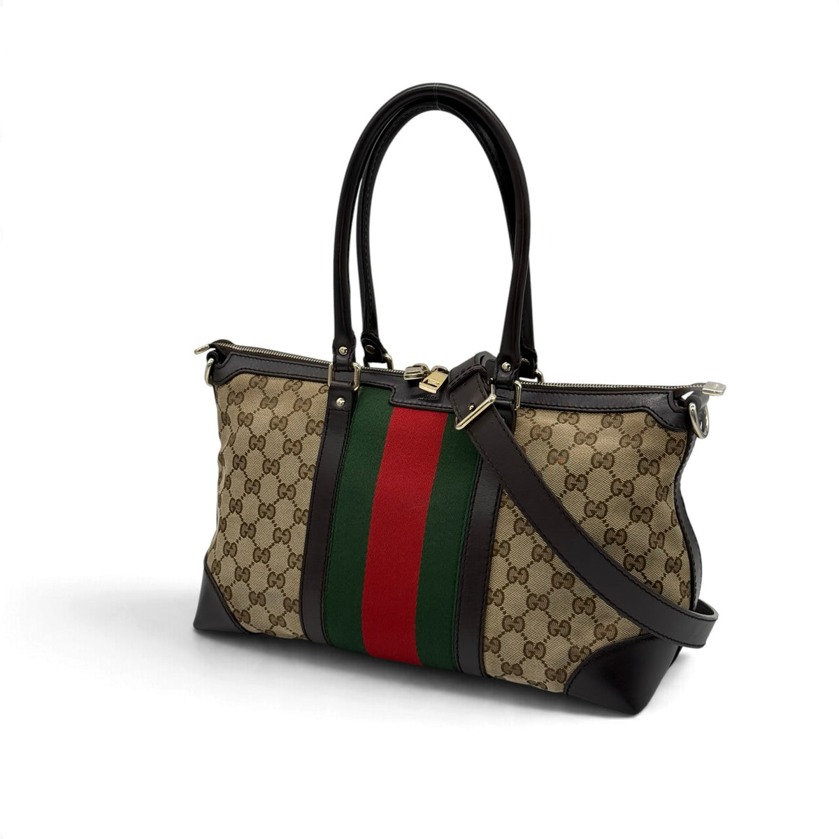 Borsa a spalla Borse Vintage Gucci in tela GG Supreme con banda Web verde e rossa e finiture in pelle marrone