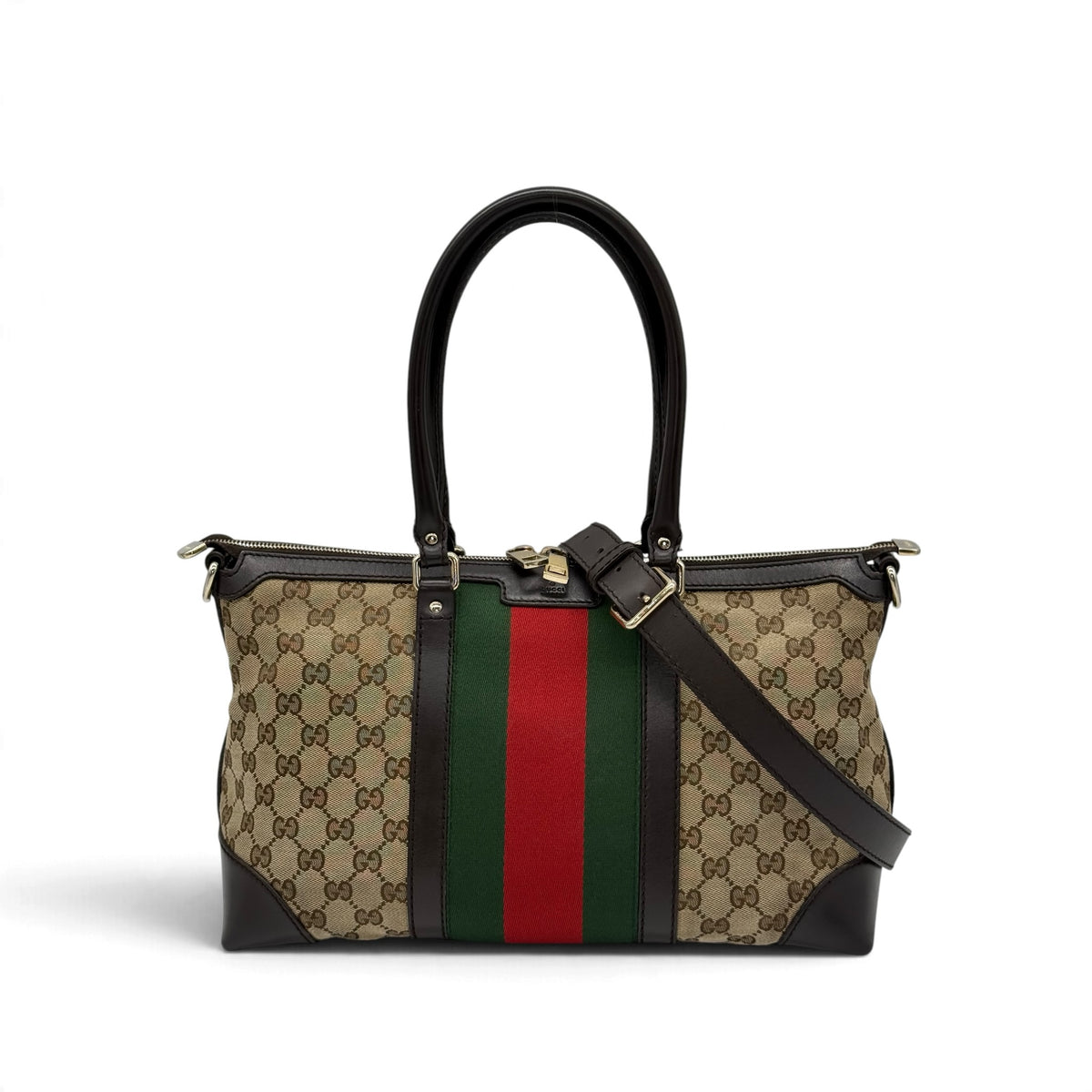 Borsa a spalla Borse Vintage in tela GG Supreme con banda Web verde e rossa e finiture in pelle marrone scuro