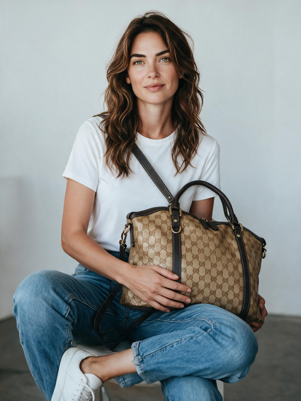 Modella con borsa a spalla Borse Vintage Gucci in tela monogrammata e finiture in pelle marrone con dettagli dorati