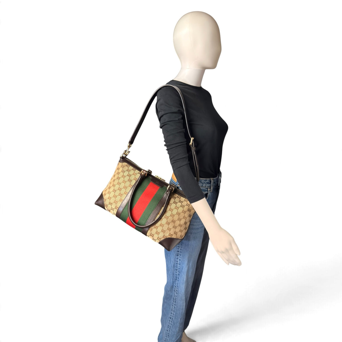 Borsa a spalla Borse Vintage Gucci in tela GG Supreme con banda Web verde e rossa e finiture in pelle marrone