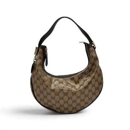 Borsa a spalla Borse Vintage Gucci Hobo in tela monogramma GG con finiture in pelle marrone e chiusura a zip