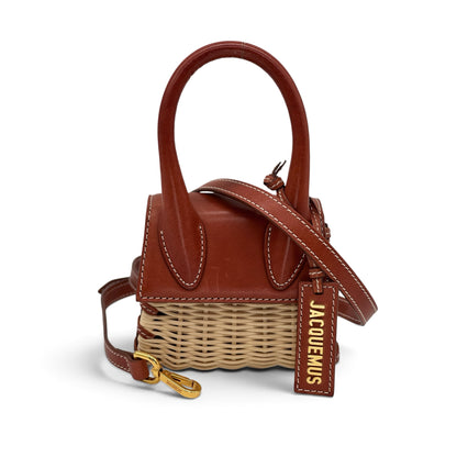 Borsa a mano Borse Vintage Jacquemus in pelle color cuoio e vimini naturale con logo dorato e tracolla rimovibile
