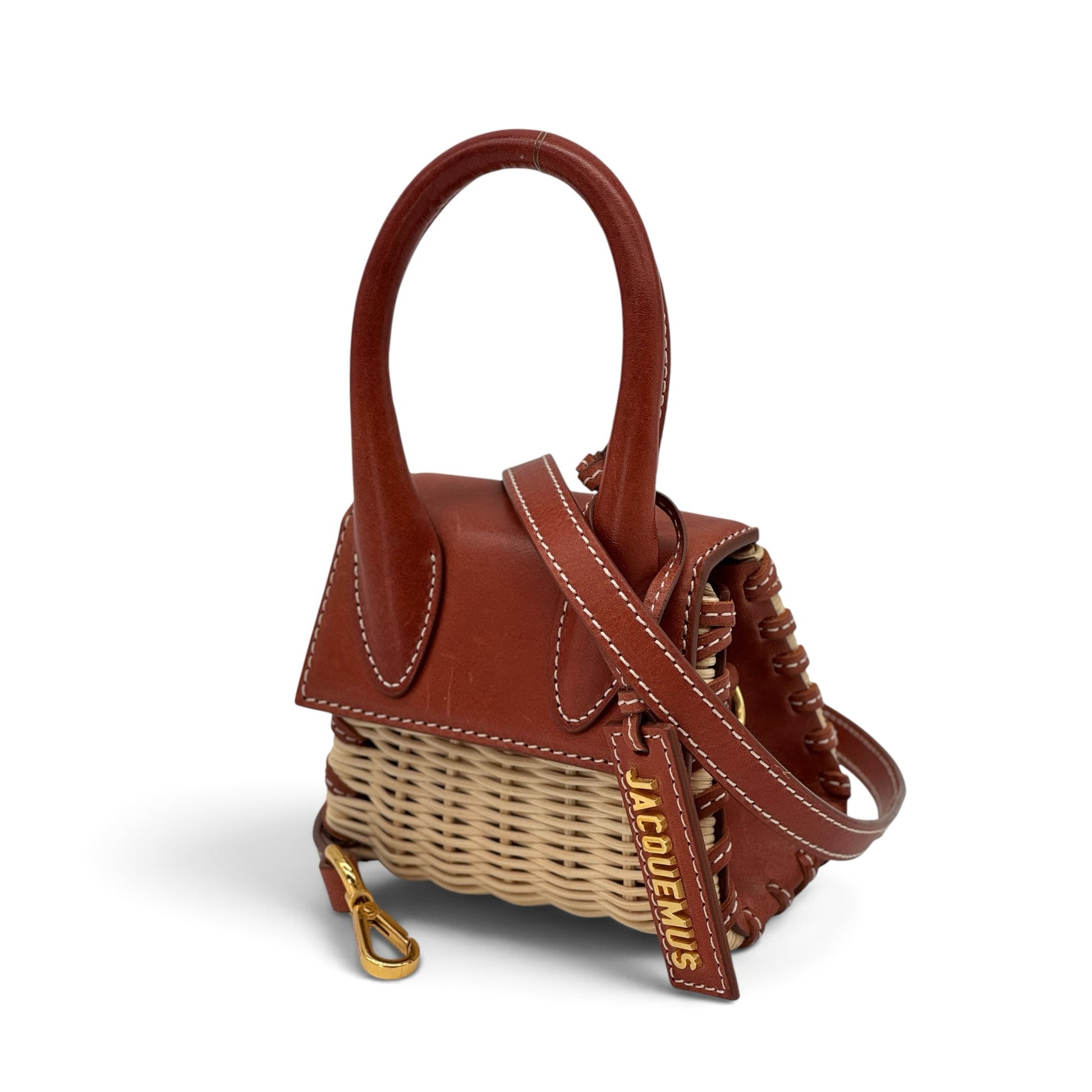 Borsa a mano Borse Vintage Jacquemus in pelle color cuoio e vimini naturale con logo dorato e tracolla rimovibile