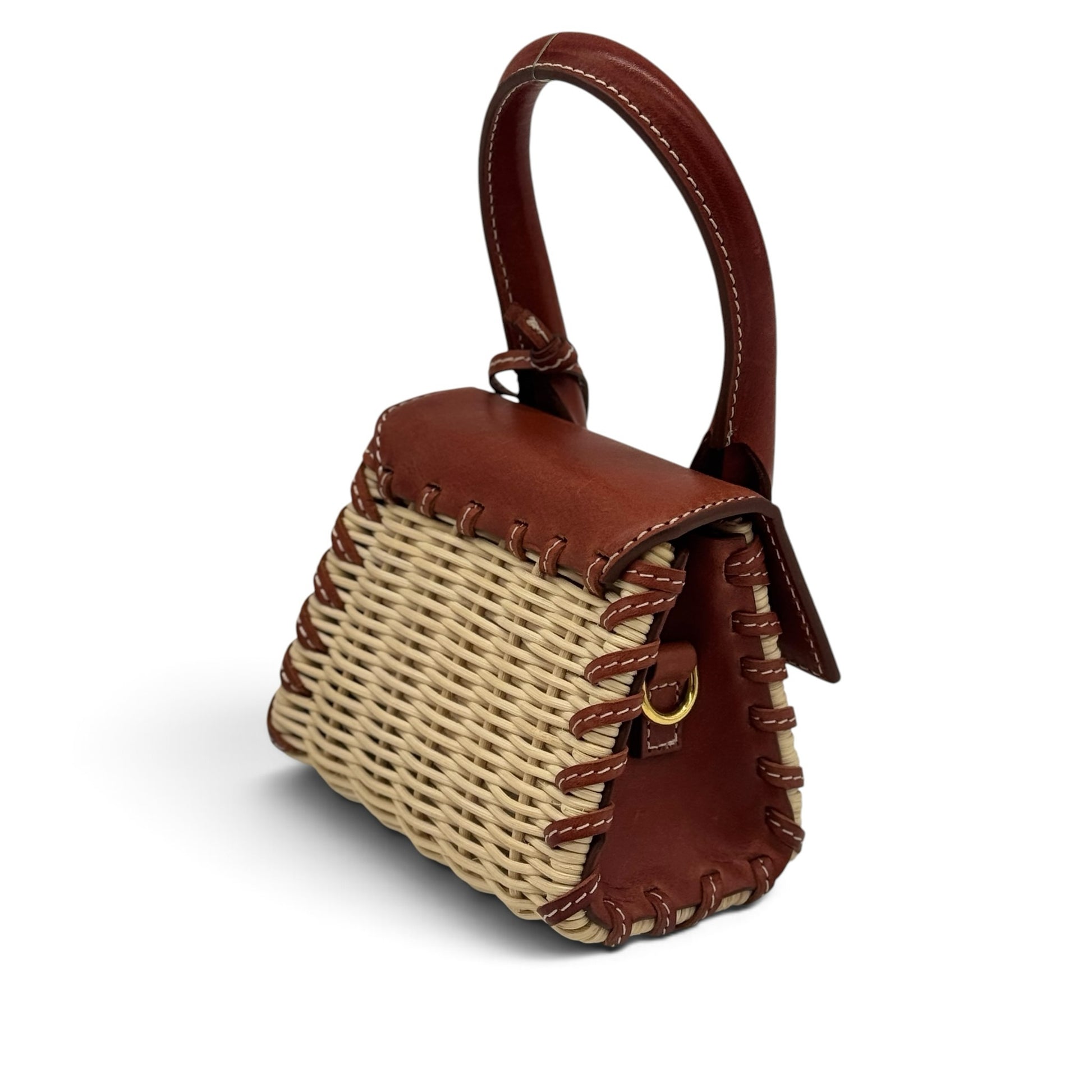 Borsa a mano Borse Vintage Jacquemus in pelle color cuoio e vimini intrecciato con manico rigido e dettagli dorati