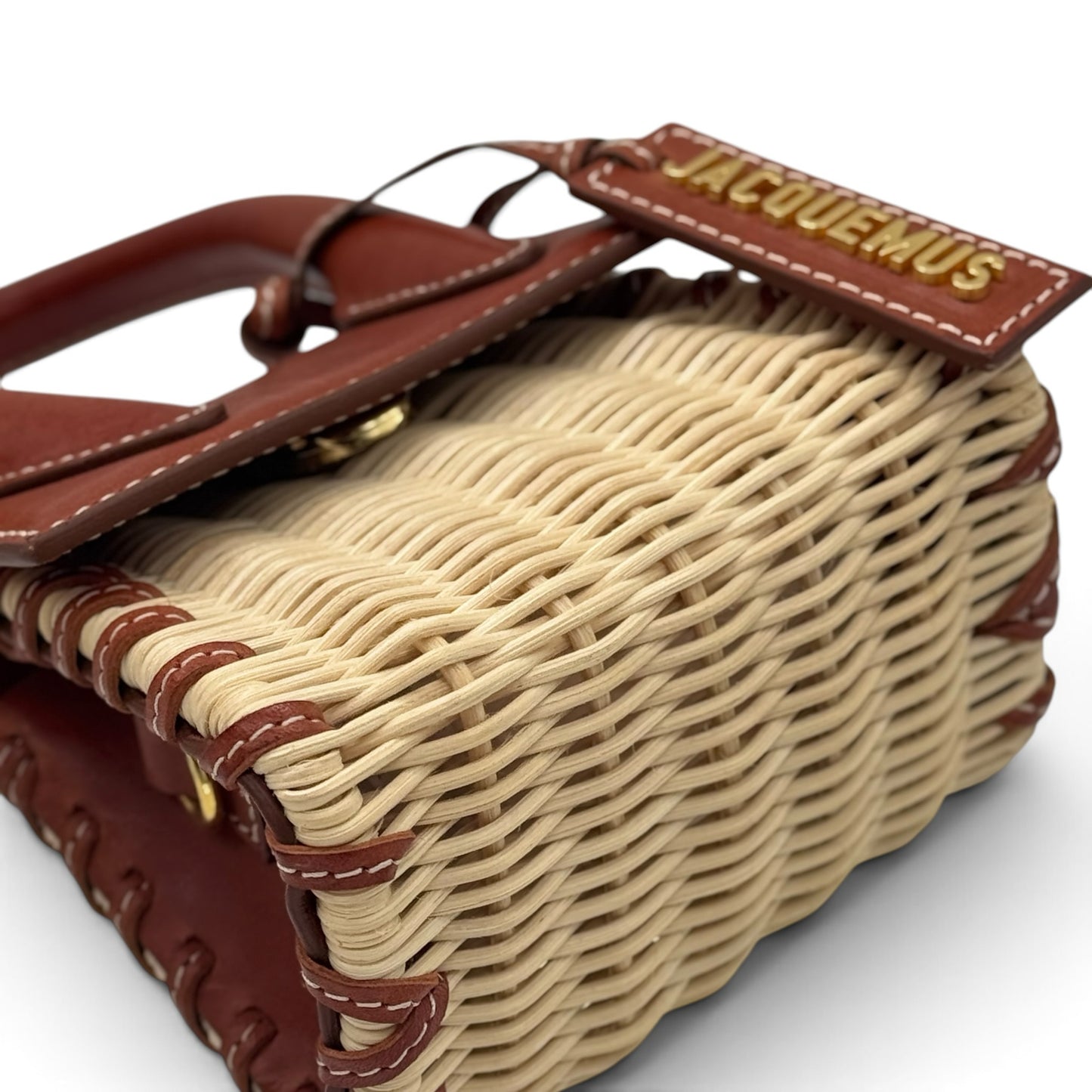 Borsa a mano Borse Vintage Jacquemus in pelle color cuoio e vimini naturale con logo in metallo dorato