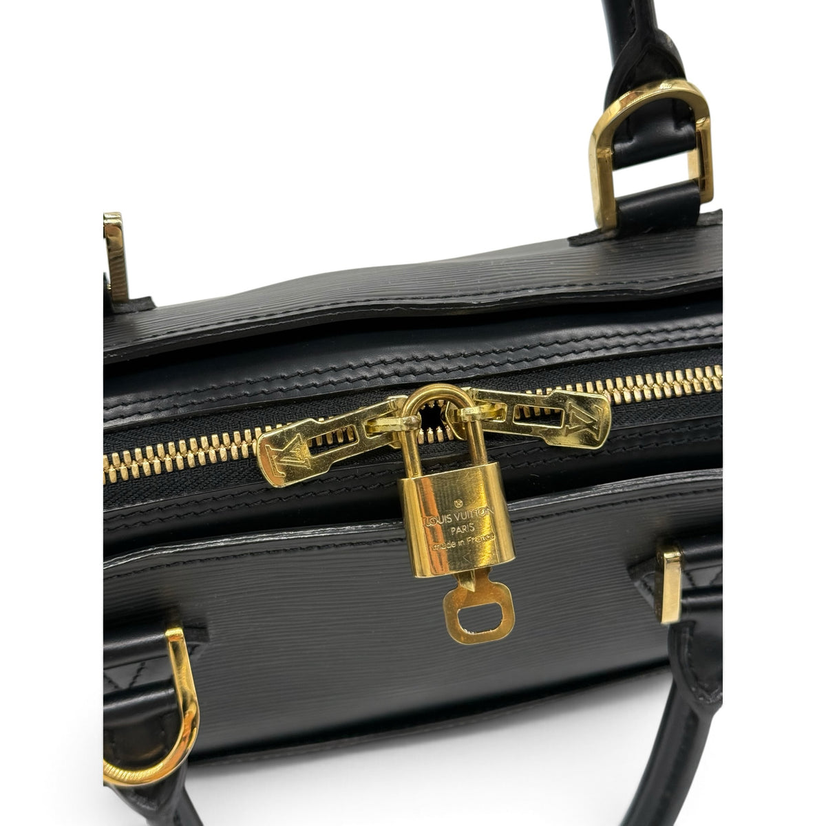 Borsa a mano Borse Vintage Louis Vuitton in pelle Epi nera con dettagli in metallo dorato e lucchetto iconico