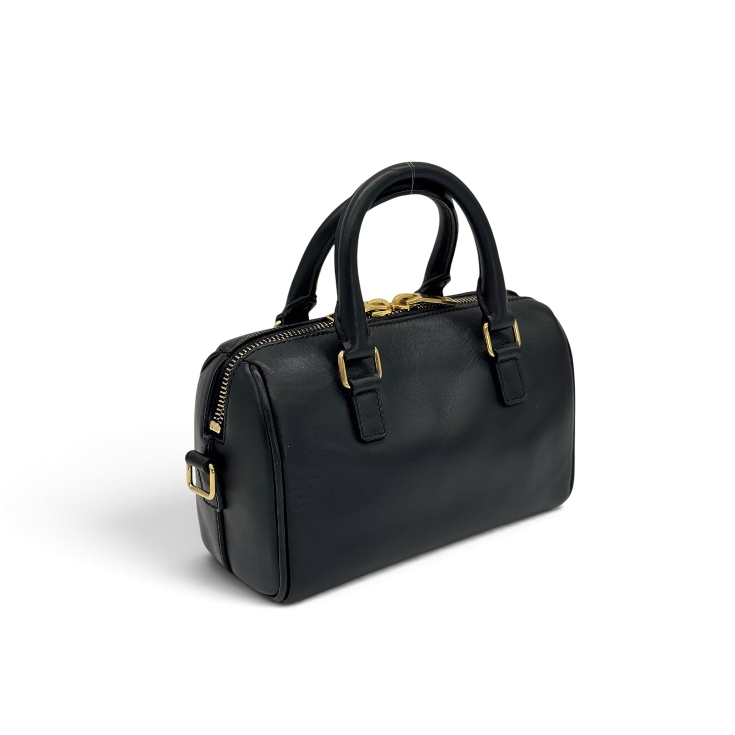 Borsa a mano Borse Vintage Saint Laurent in pelle nera con dettagli metallici color oro e design bowling strutturato