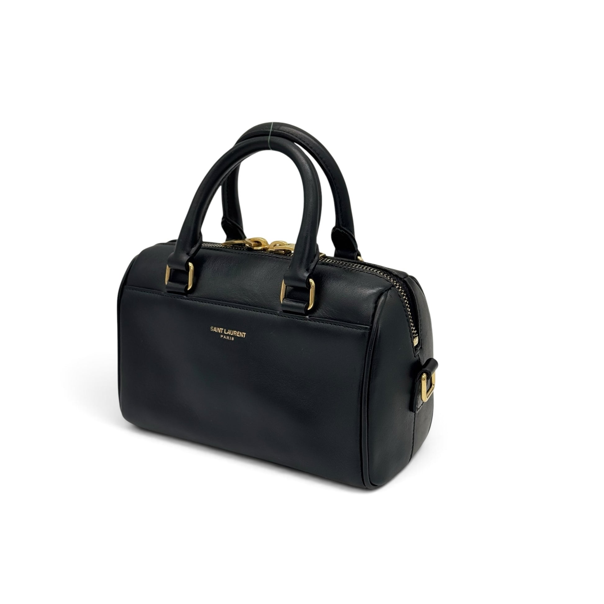 Borsa a mano Borse Vintage Saint Laurent in pelle nera con dettagli in metallo dorato e logo impresso frontale