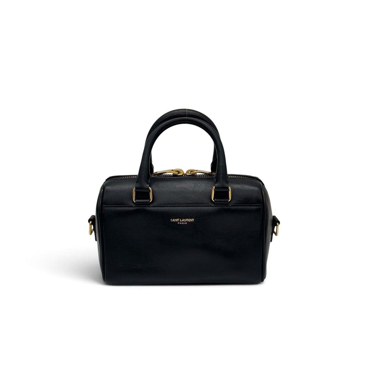 Borsa a mano Borse Vintage Saint Laurent in pelle nera con dettagli metallici dorati e logo frontale impresso.