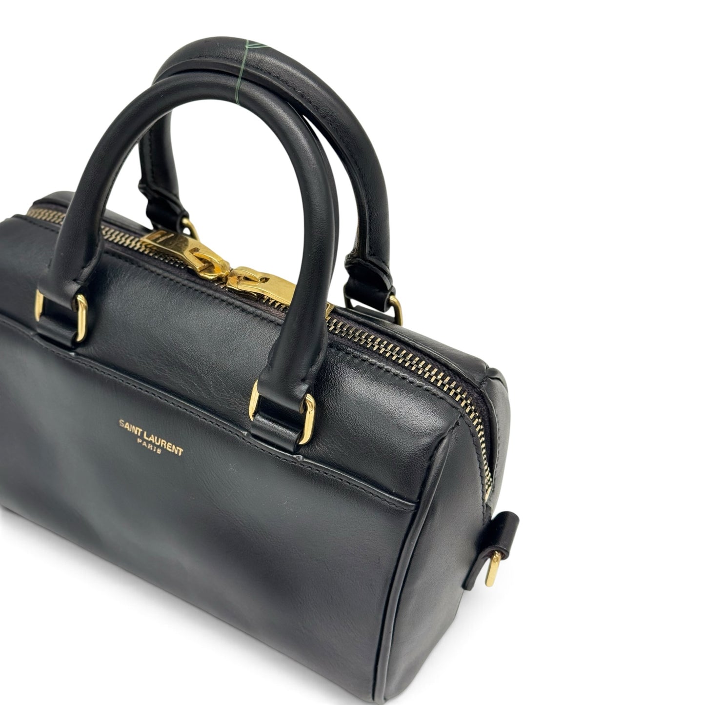 Borsa a mano Borse Vintage Saint Laurent in pelle nera con dettagli in metallo dorato e logo impresso