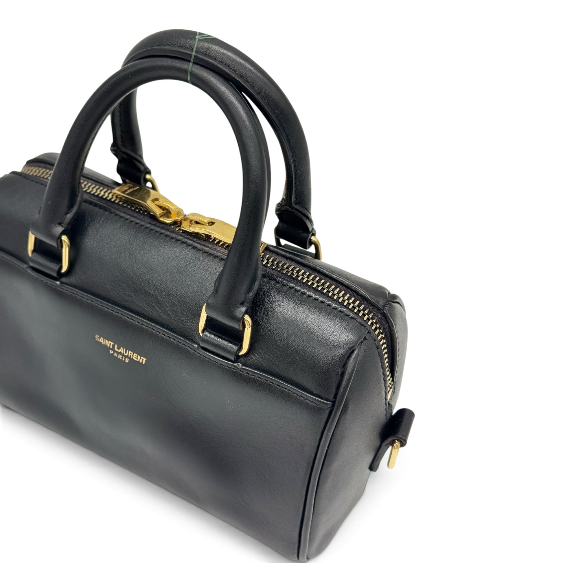Borsa a mano Borse Vintage Saint Laurent in pelle nera con dettagli in metallo dorato e logo impresso