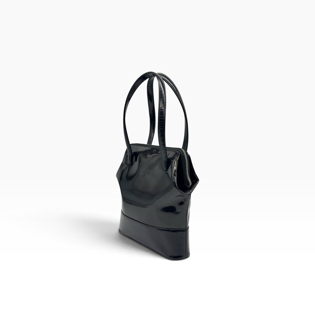 Borsa a mano Borse Vintage Gianni Versace in pelle verniciata nera con manici doppi e logo impresso
